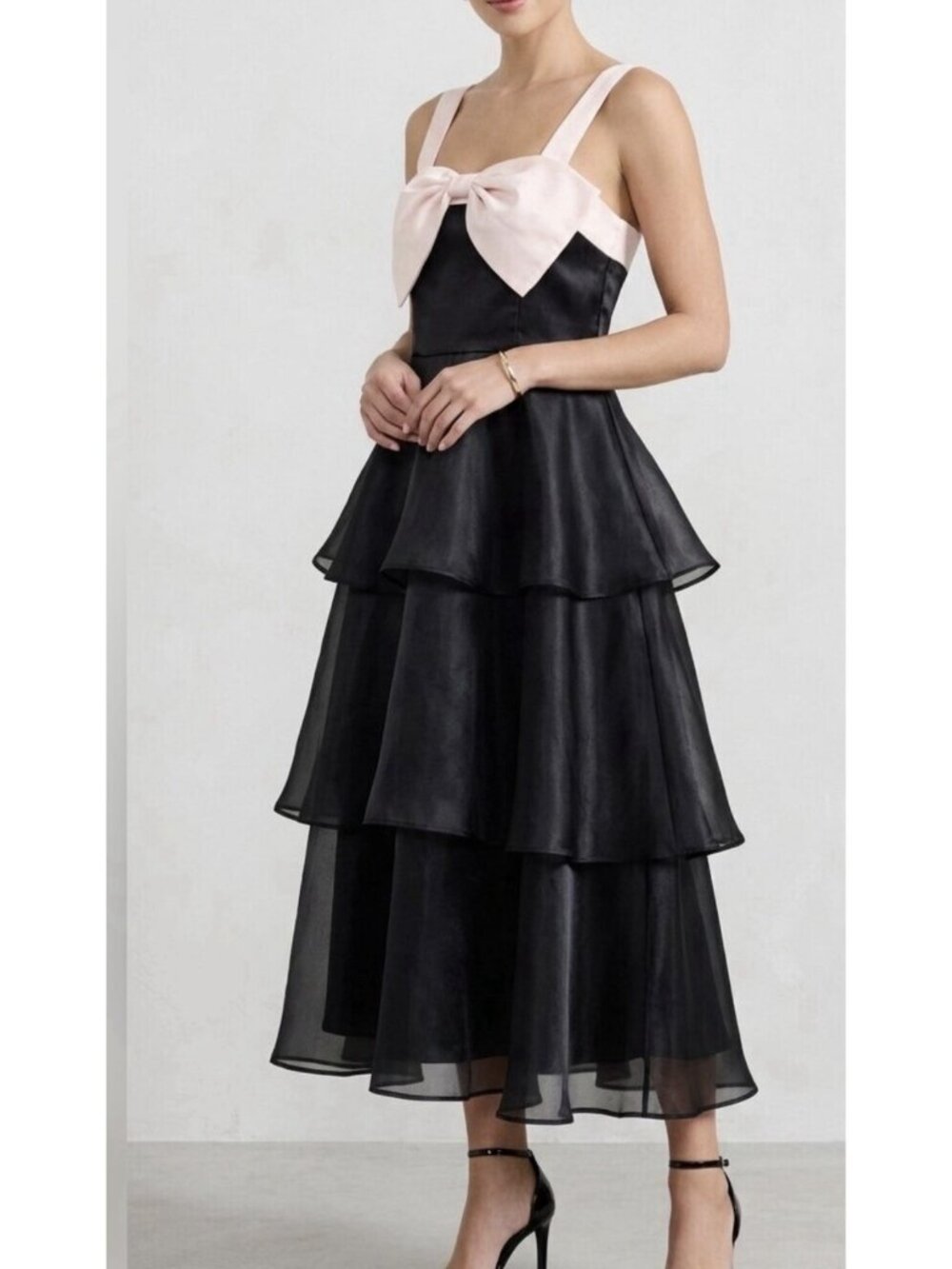 Lulus Untamed Elegance Midi Dress Sz XL Black Organza Cream Satin Bow Coquette - Picture 6 of 8